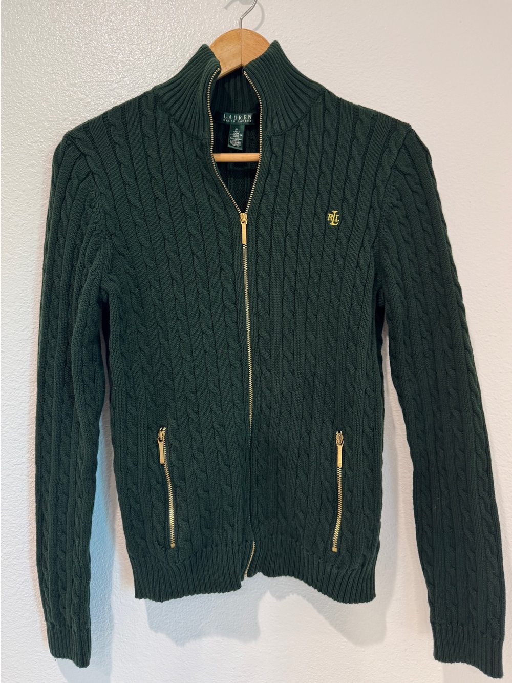 Lauren Ralph Lauren Cable Knit Full Zip Cardigan Dark Green Old Money Classic M